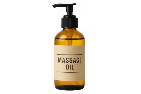 Amber glass bottle of massage oil with black pump dispenser on transparent background