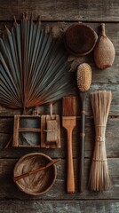 Rustic wooden tools and natural fibers arranged on weathered planks