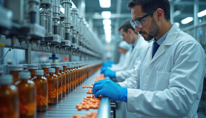 Pharmaceutical factory workers in sterile lab coats, gloves operate machinery filling amber bottles with orange pills. Automation, human oversight ensure quality in medicine manufacturing process.