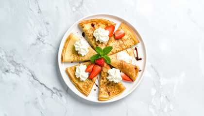 Delectable Crepes Delight: An overhead shot showcases artfully arranged crepes adorned with fresh strawberries, whipped cream, and a touch of chocolate syrup on a pristine plate.