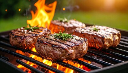 Sizzling prime cuts of beef expertly grilled over an open flame, creating a mouthwatering aroma perfect for a summer barbecue or outdoor feast with friends and family