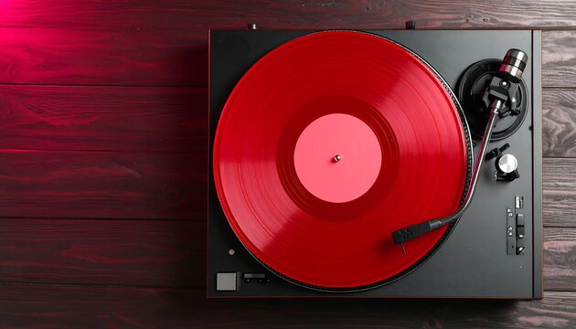 Red vinyl record player on dark wood - Powered by Adobe
