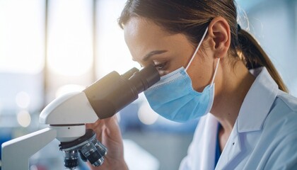 A female scientist wearing a face mask is looking through a microscope in a bright laboratory setting, focused on her research.