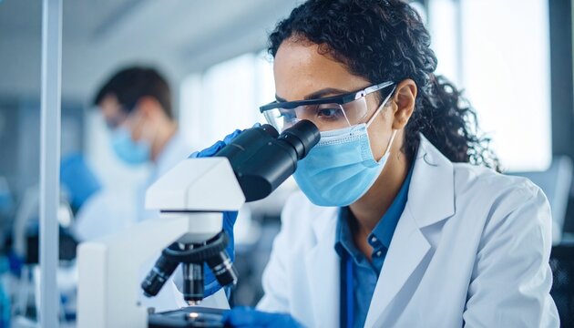 Female scientist in lab coat and face mask examines sample under microscope, with a blurred colleague working in the background.