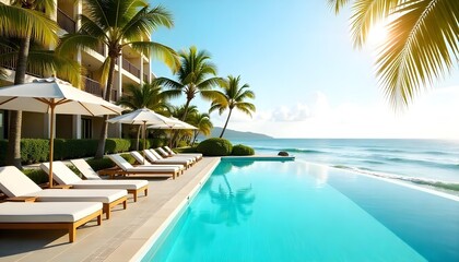 Fototapeta premium A tranquil resort pool adorned with lounge chairs and palm trees, offering a perfect escape for eco-conscious travelers