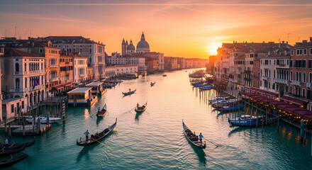 A picturesque view of venice at sunset, featuring gondolas on the canal, historic buildings lining the waterway, and a warm orange glow in the sky