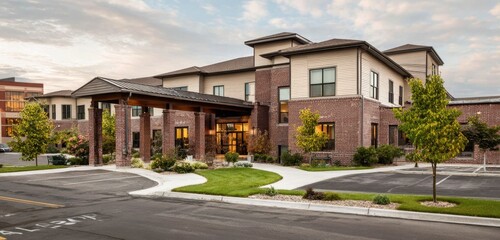 Modern brick building stands prominently with manicured lawn and trees in front, showcasing architectural design and inviting atmosphere on a cloudy day.