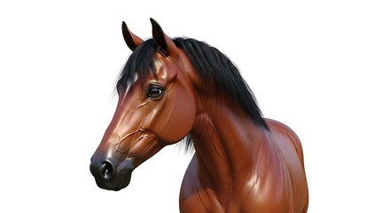 Obraz premium A close-up view of a brown horse's head and neck with a dark mane, isolated against a white background.