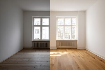Obraz premium Dark room with wooden floor, bright room with wooden floor