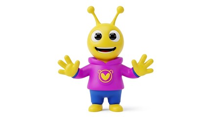 Fototapeta premium A cheerful, cartoonish yellow alien character with large eyes and antennae, wearing a purple hooded sweatshirt and blue pants, with its arms outstretched in a welcoming gesture.