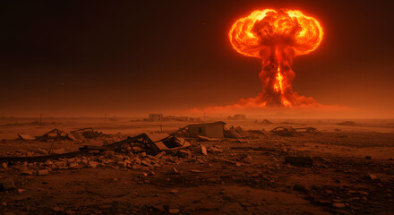 Apocalyptic Blast A Nuclear Explosion Over a Barren Landscape, Symbolizing Destruction