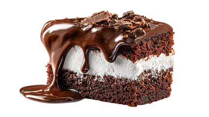 Piece of cream chocolate cake on white plate