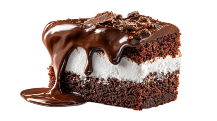 Piece of cream chocolate cake on white plate