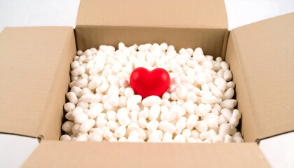 Small red heart in a cardboard box filled with packing peanuts