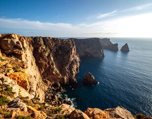 Dramatic coastal cliffs meet the vast ocean under a bright blue sky.