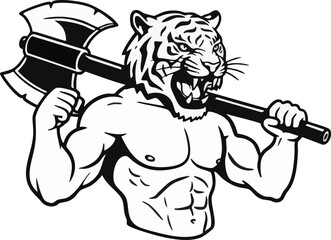 Fototapeta premium A muscular tiger-headed figure holding an axe over its shoulder, displaying aggression.