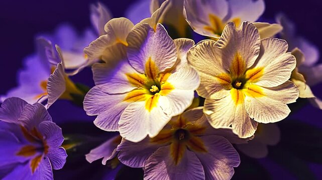 Close-up of vibrant primrose flowers with delicate petals against a dark background, showcasing nature's beauty