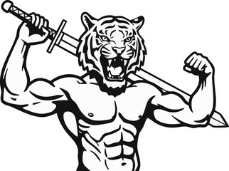 A muscular tiger-headed figure brandishing a sword, flexing its arm with aggression.