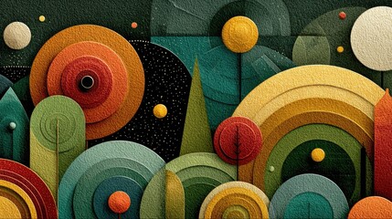 Abstract landscape with layered circles, stylized trees, and a textured, earthy palette