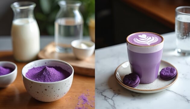 Ube latte preparation with ingredients like purple powder, milk, water. Finished drink features latte art, served with purple cookies on marble table. Refreshing homemade beverage for breakfast snack.