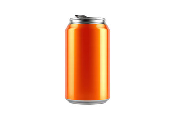 A can of orange soda is sitting on a white background. The can is shiny and metallic, and the orange color is bright and eye-catching. Concept of freshness and energy
