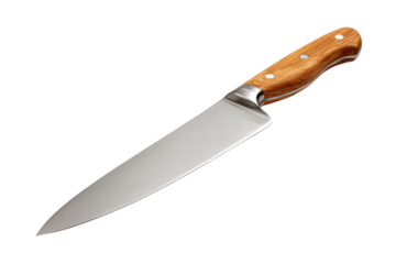 A knife with a wooden handle and a silver blade. The knife is laying on a white background