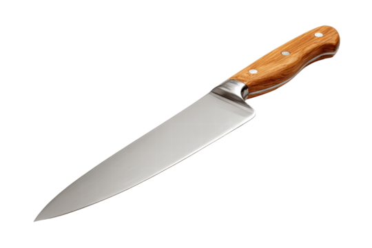 A knife with a wooden handle and a silver blade. The knife is laying on a white background