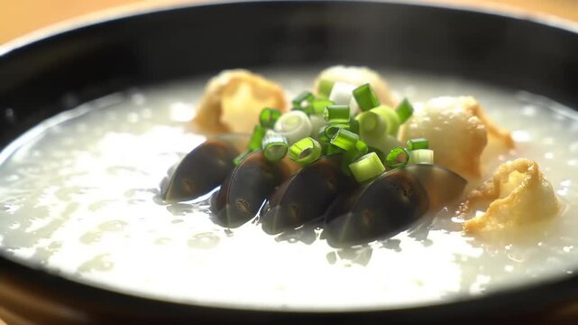 A bowl of savory rice porridge with toppings