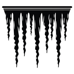 Black and white icicles hang from a roof line winter scene