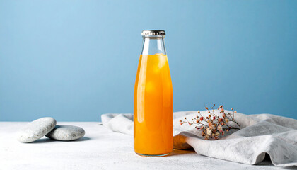 Obraz premium Zesty Juice Bottle: A glass bottle filled with vibrant orange juice stands on a crisp surface, capturing the refreshing essence of this invigorating beverage.