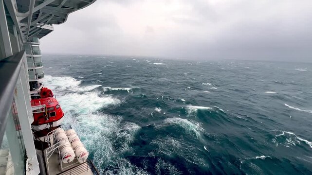 life boats on cruise ship in rough seas off the alaska coast in the bering sea