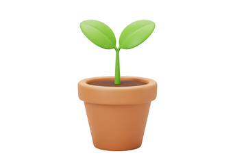Minimalist 3d render of a small green plant sprout in a terracotta pot, symbolizing growth and new beginnings, isolated on a transparent background