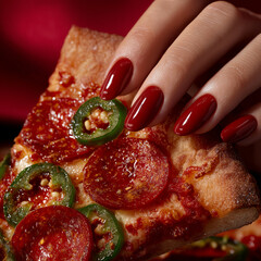 A close up of glossy manicured hands holding a messy