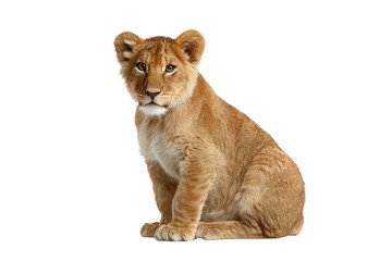 Obraz premium A baby lion is sitting on a white background. The lion is looking at the camera with a curious expression