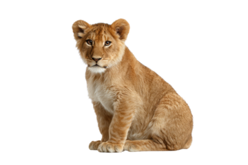 A baby lion is sitting on a white background. The lion is looking at the camera with a curious expression