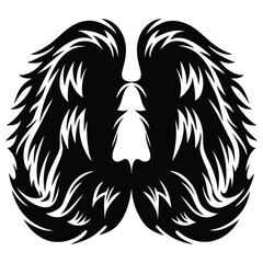 Stylized black and white image of angel wings with abstract central shape