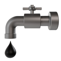 3D render illustration of a metallic faucet dripping black oil drop, symbolizing energy shortage, petroleum crisis, fuel scarcity, and global oil market problem concept.