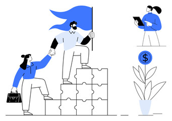Two individuals climb puzzle blocks, symbolizing teamwork with a flag representing achievement. A professional analyzes trends, and a dollar-themed plant shows growth. Ideal for leadership, success