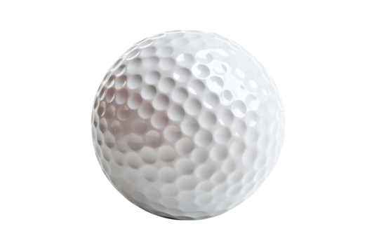 A golf ball with a white face and white stripes sits on a white background. The ball is the perfect size and shape for a game of golf, and its smooth surface makes it easy to grip and control
