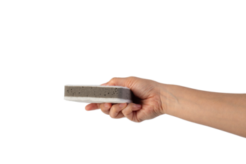 Brush household, cleaning sponge for cleaning and hand on transparent background. 