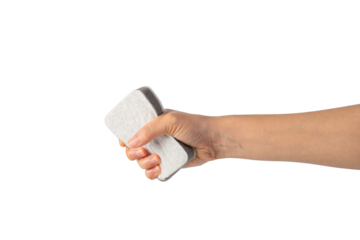 Brush household, cleaning sponge for cleaning and hand on transparent background.