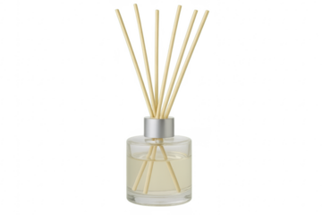 Reed diffuser spreading pleasant aroma in transparent background