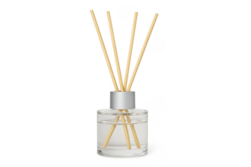 Aromatic diffuser with wooden sticks spreading pleasant scent on transparent background