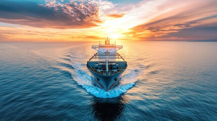 Fototapeta premium A large cargo ship sailing on the ocean at sunset.
