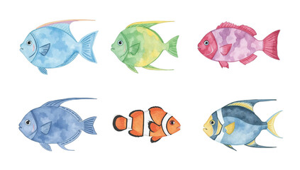 Watercolor illustration of six colorful cartoon fish in two rows, including clownfish, on a white background.