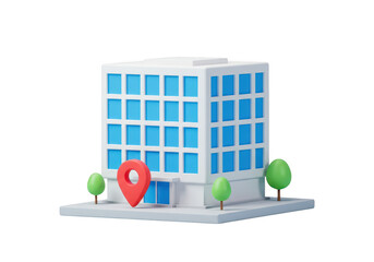 3d illustration of a modern office building with trees and a location pin, symbolizing business, corporate presence, and urban development, isolated on transparent background
