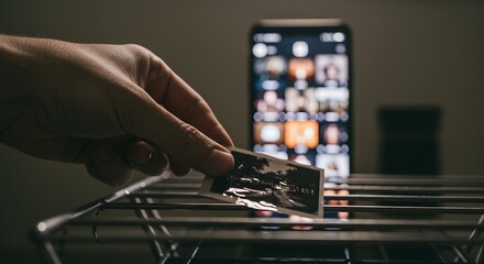 Analog Photo Development Meets Digital Era: Hand Placing Wet Print on Drying Rack with Blurred Smartphone in Background