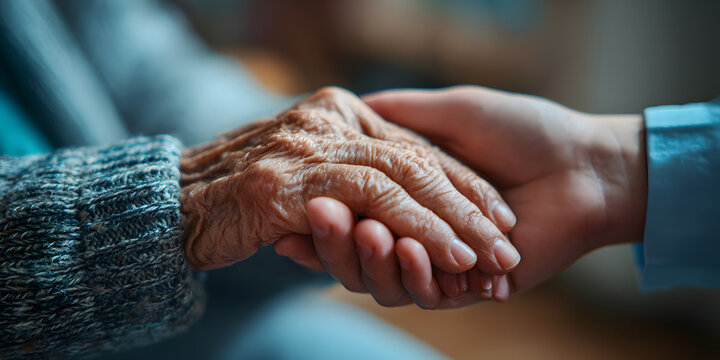 Arthritis or parkinson disease elderly patient, old aged senior woman holding geriatric doctor, cargiving nurse or family assistant's hand in hospice home for medical health care or mental therapy - Powered by Adobe