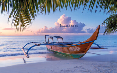 Tropical Beach Sunset with boat and coconut tree or Palm Tree background over Ocean Waves with Scenic Seashore. Exotic Paradise Beach Landscape at Sunset Serene