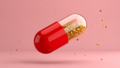 Medication Marvel: An isolated, close-up view of a single vibrant red capsule with a transparent cap, filled with golden granules, hovering in a pastel pink setting. The image symbolizes health.